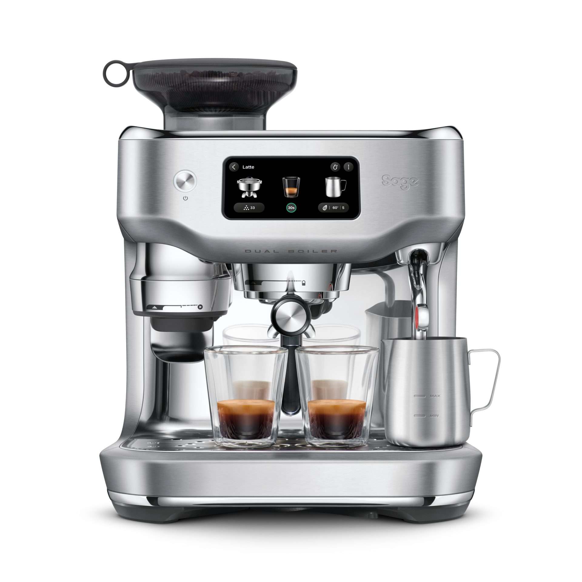 Sage Oracle Dual Boiler voorkant met touchscreen en stoompijpje