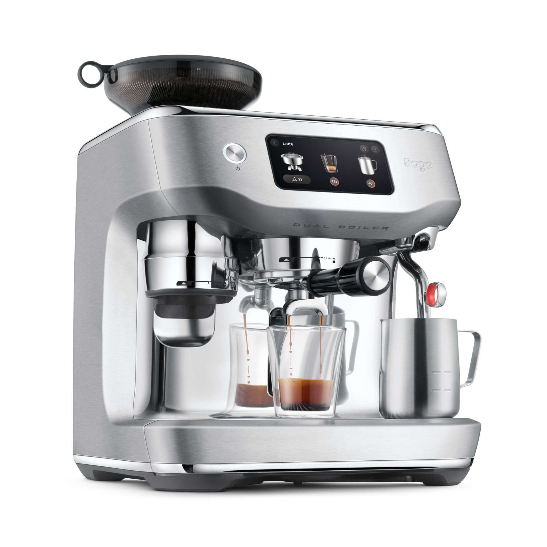 Sage Oracle Dual Boiler zij-aanzicht met touchscreen en stoompijpje