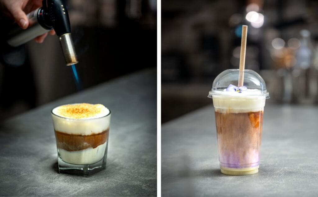 Arla cold foam Pink grapefruit crème brulée iced en White mocha ube